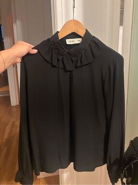 Kenzo Black Ruffled Collar Button-Down Blouse